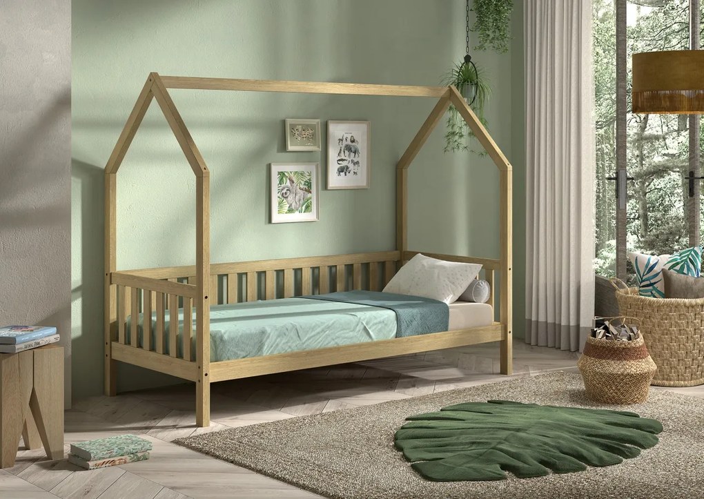 Pat‑căsuță 90 × 200 cm STEJAR cu balustradă – refugiu sigur și somn liniștit – gamă Cabane – Vipack