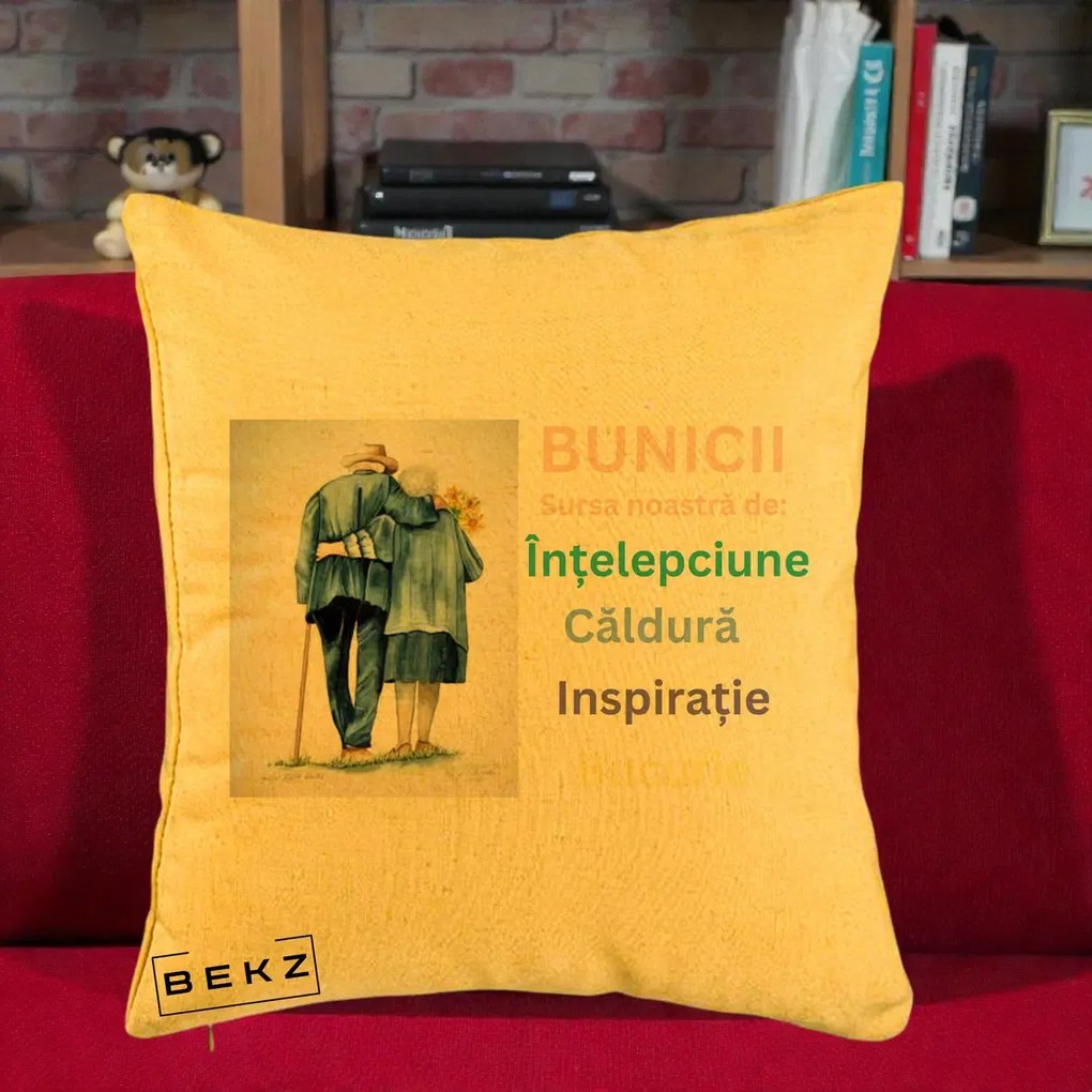 Cadou pentru Bunici - Perna Personalizata Bunicii Sursa Intelepciune Caldura Acuarela, 40x40 cm, Galben, Husa Detasabila, Perna Inclusa, BEKZ®