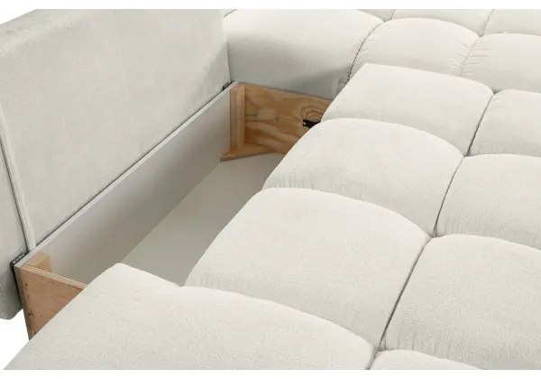 Colțar tapițat extensibil ALMADA, formă în L, pe partea dreaptă, cu spațiu de depozitare, bej