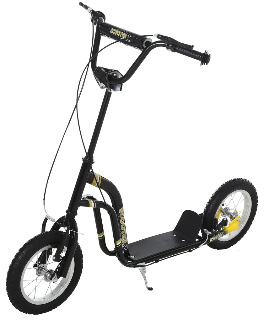 HOMCOM Trotinetă pentru copii 5-12 ani cu roți mari pneumatice de 12", trotinetă copii cu dublă frână, înălțime reglabilă și suport lateral, scooter cu o capacitate de încărcare de până la 100 kg, cadru din oțel, negru | Aosom Romania