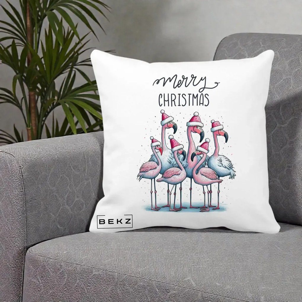 Perna Decorativa Flamingo Merry Christmas, 40x40 cm, Alba Mata, Husa Detasabila, Perna Inclusa, BEKZ®