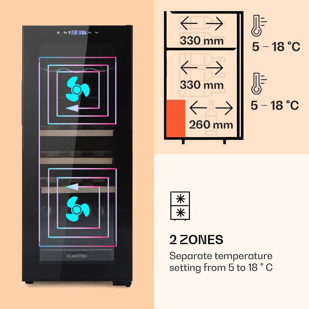 Bovella 18 Duo+, frigider de vin cu două zone, 50l, 18 sticle, ușă de sticlă