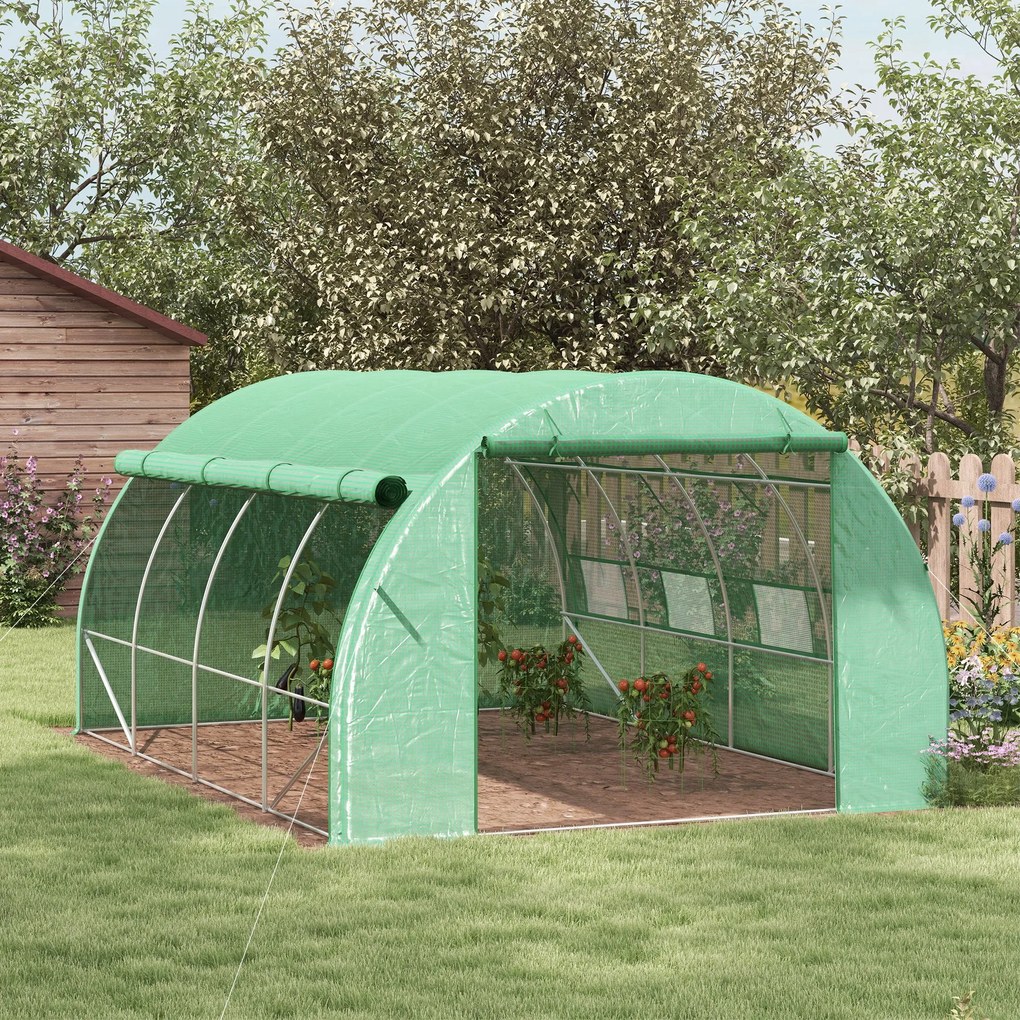 Outsunny Șopron de folie, Seră, umblabil, Fereastră plasă, Cadru metalic, 4x3x2m, Verde | Aosom Romania