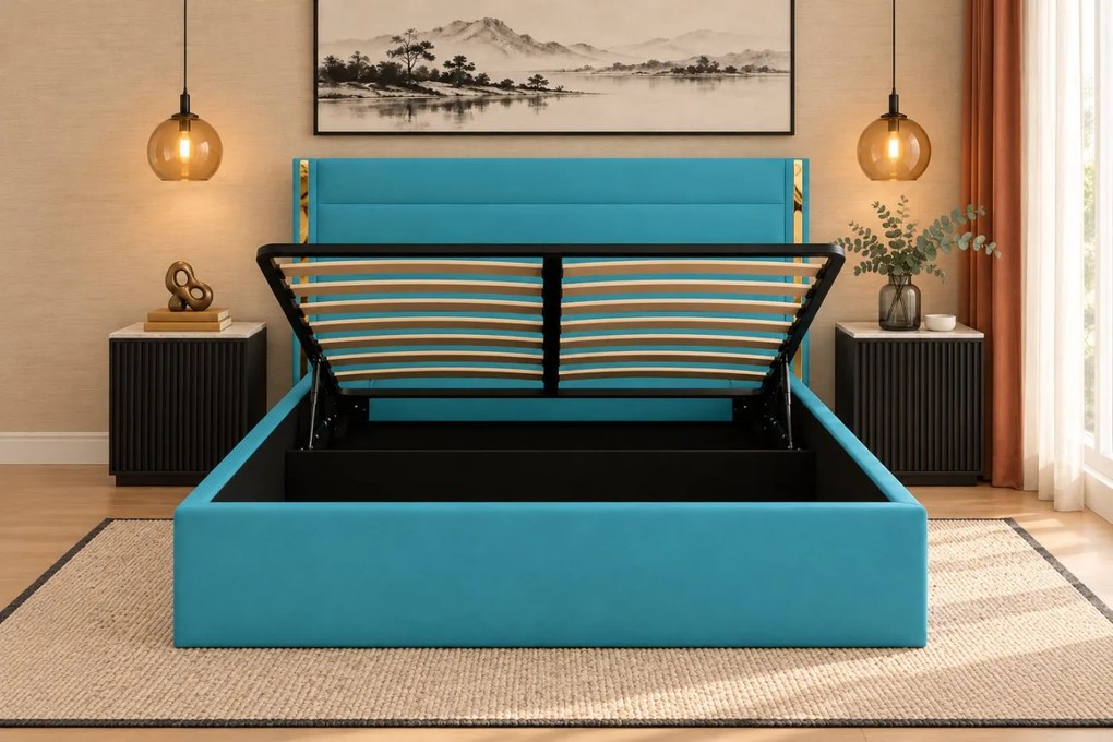 Pat tapițat din catifea Veyra 140×200 cm, albastru deschis, detalii aurii, cu ladă de depozitare