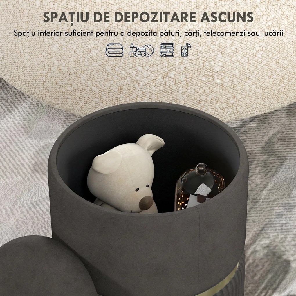 HOMCOM Puf rotund, Taburet tapitat cu spatiu de depozitare, Gri | Aosom Romania