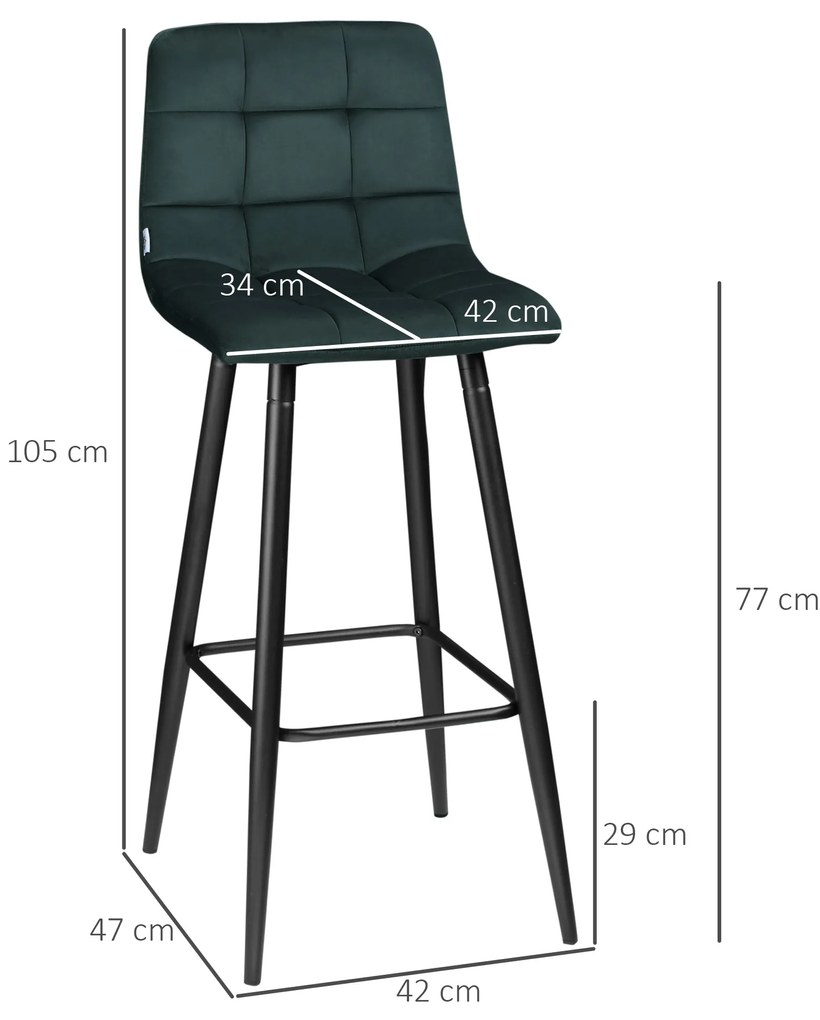 HOMCOM Set de 2 taburete de bar design cu suprafață din catifea capitonată și picioare din oțel înălțime 77 cm verde închis | Aosom Romania