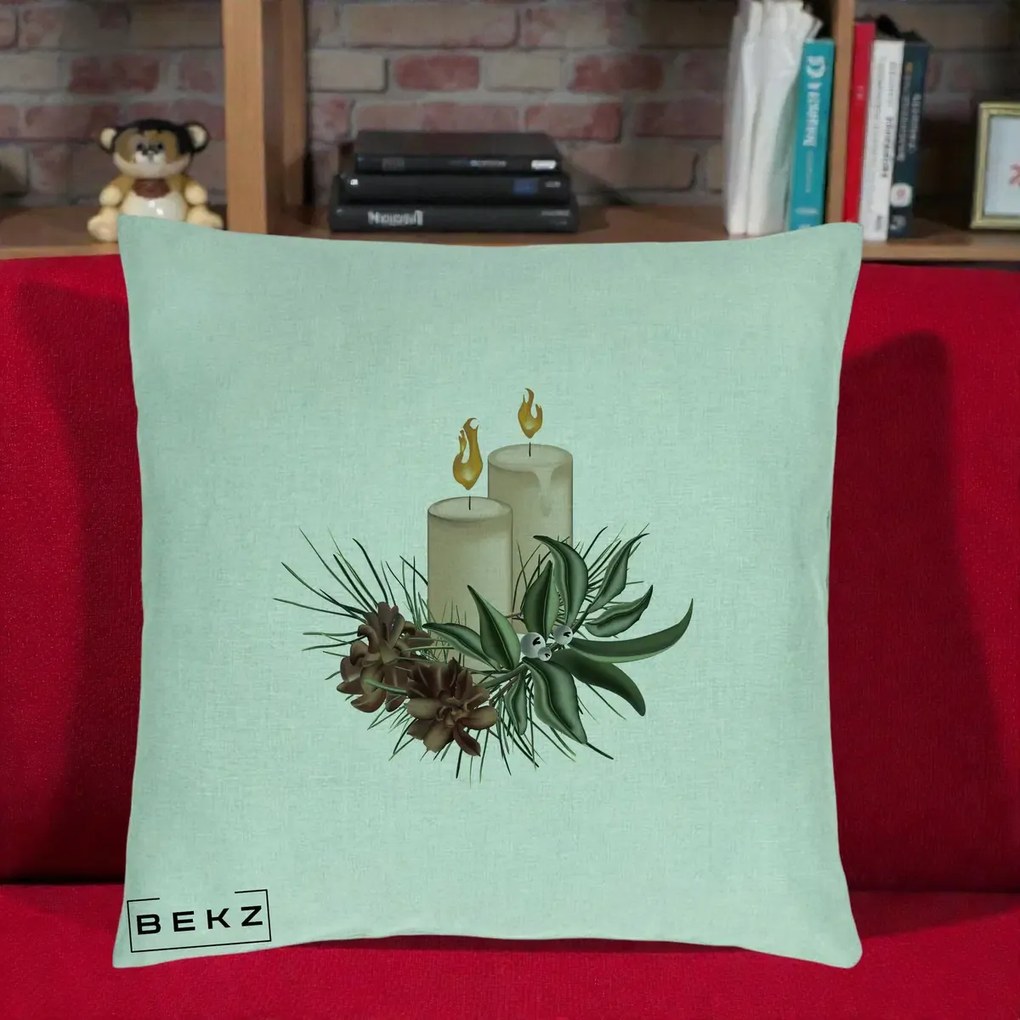Perna Decorativa Lumanari cu Ilex si Conuri Ilustratie, 40x40 cm, Verde Menta, Husa Detasabila, Perna Inclusa, BEKZ®