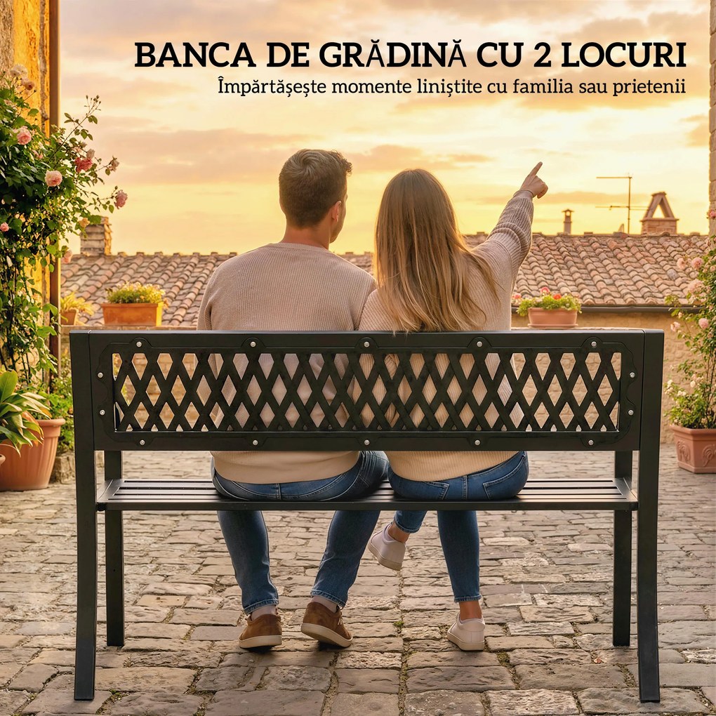 Outsunny Bancă de Grădină pentru Exterior, Bancă de Patio cu Brațe și Șezut cu Lamele, 2 Locuri pentru Grădină, Parc, Balcon, Mobilier Exterior, Negru | Aosom Romania