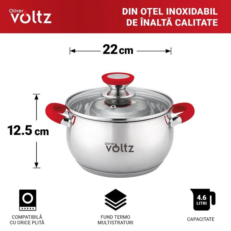 Oala Oliver Voltz OV51210N22, 22 cm, 4,6 l, Inductie, Manere silicon rosii, Inox/Roşu