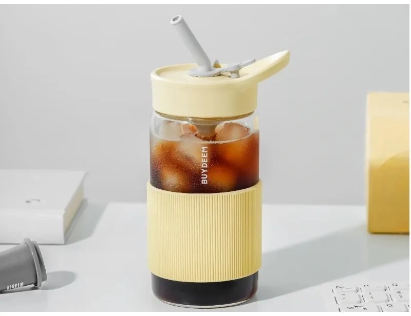 Sticla Buydeem CD1017-MY, 500 ml, Pai incorporat, Rezistenta la scurgeri, Sticla rezistentă la caldura pana la 150°C, Fara BPA, Galben