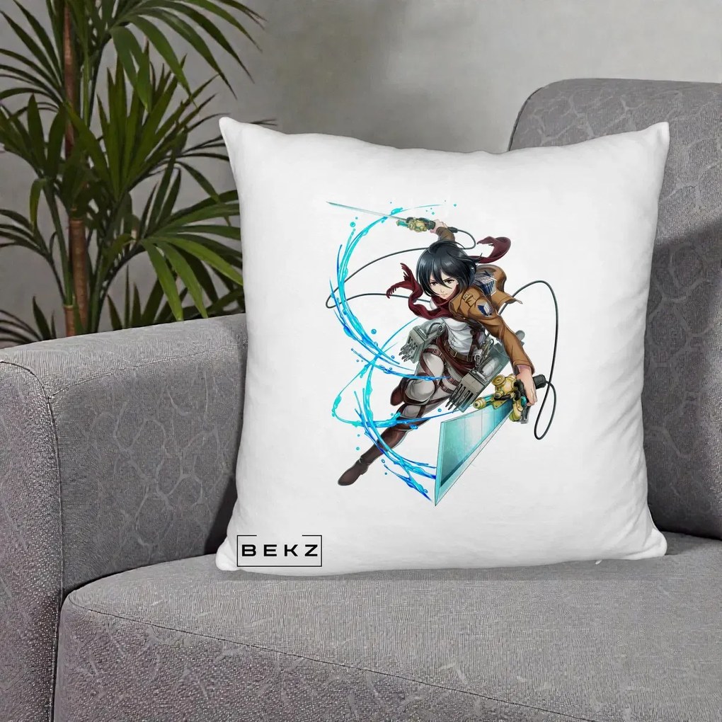 Perna Personalizata Attack on Titan Mikasa Ackerman Lupta, 40x40 cm, Alb Pufos, Husa Detasabila, Perna Inclusa, BEKZ®