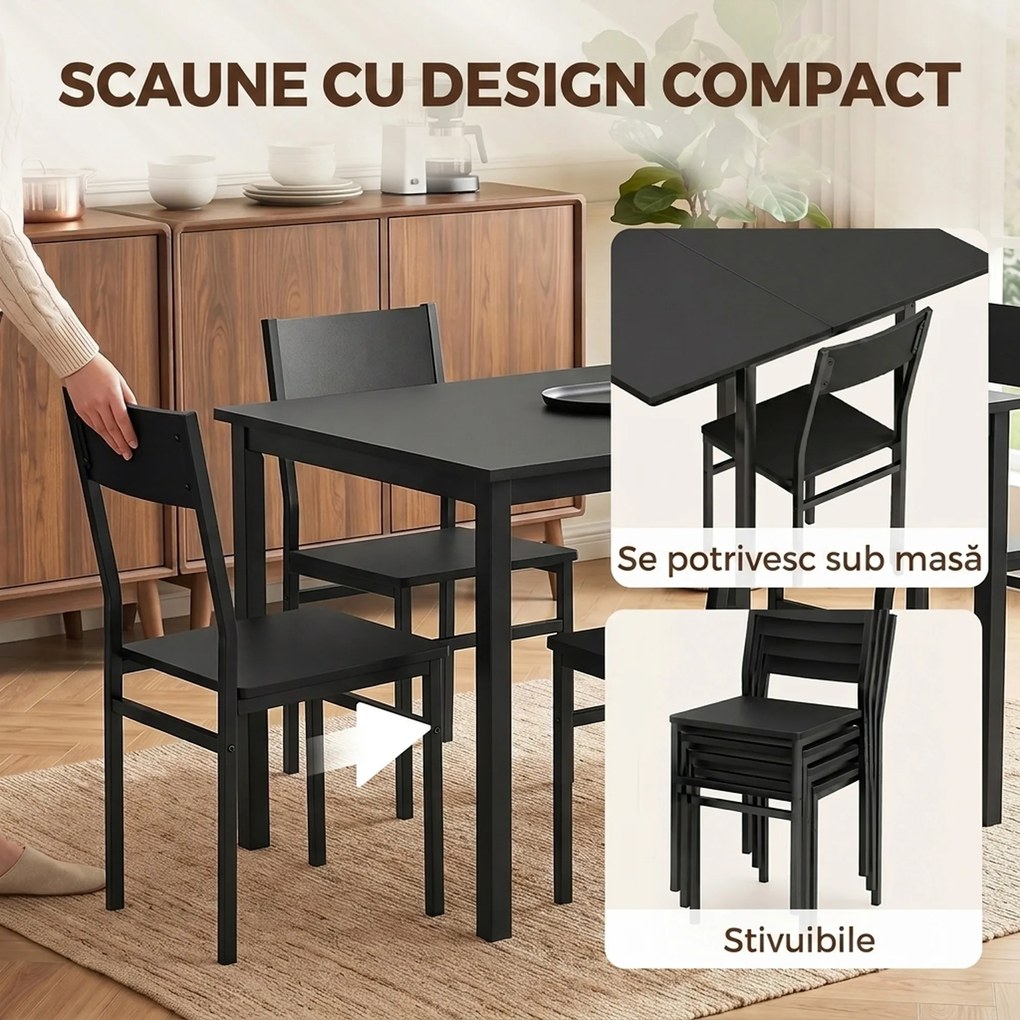 HOMCOM Set Masă și Scaune Dining 5 Piese Extensibil cu MDF și Metal, 80-120 cm, 4 Scaune Stivuibile, Negru | Aosom Romania