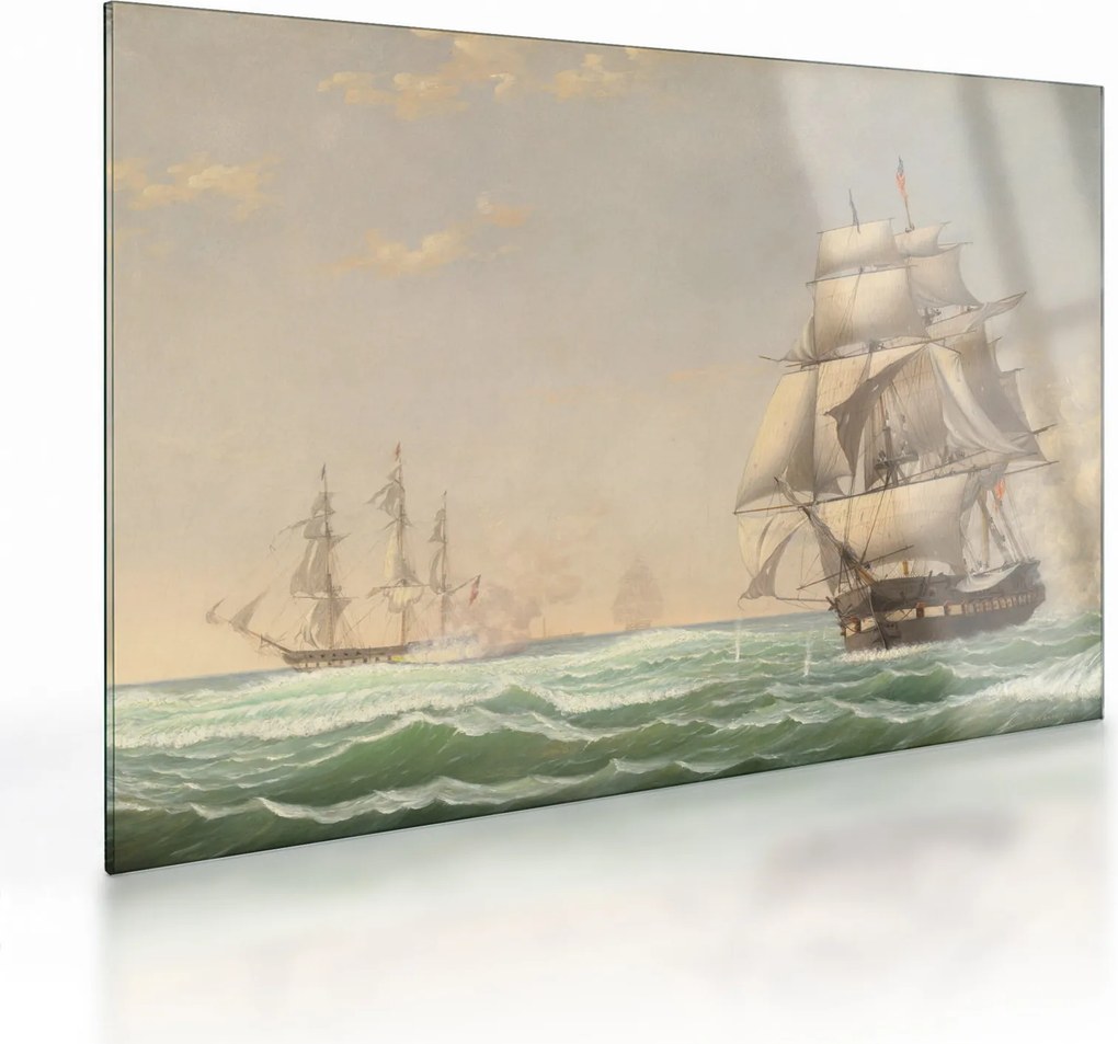 Tablou pe sticlă - Fitz Henry Lane, The United States Frigate President Engaging the British Squadron, reproducere (70x50 cm)
