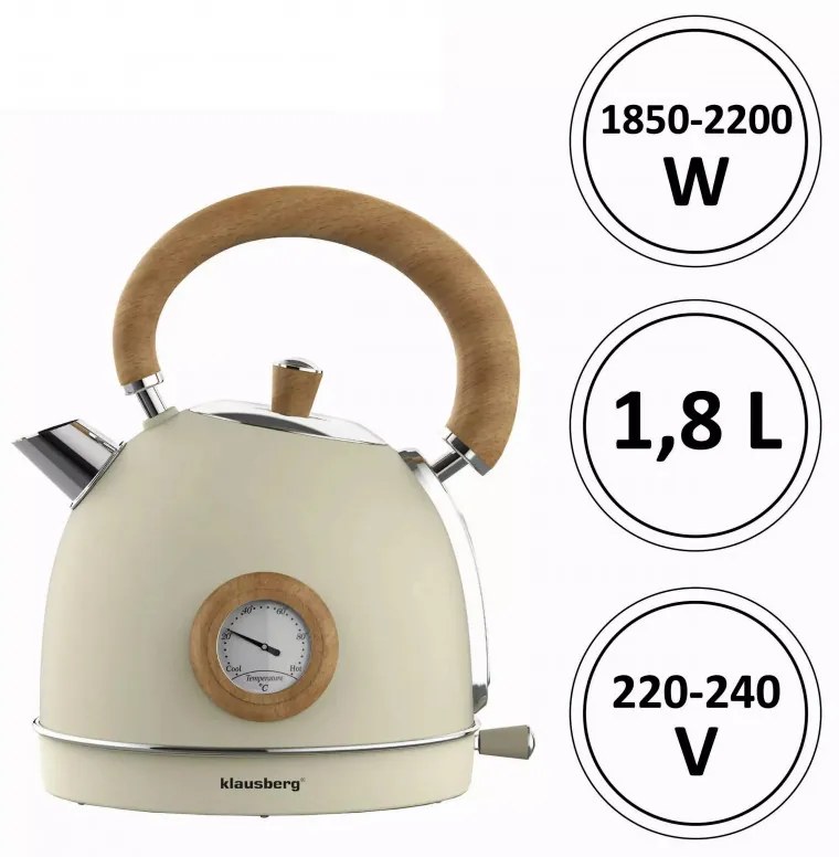 Ceanic cu termometru Klausberg KB 7906, 2200W, 1.8 l, Indicator nivel apa, Protectie supraincalzire, Crem