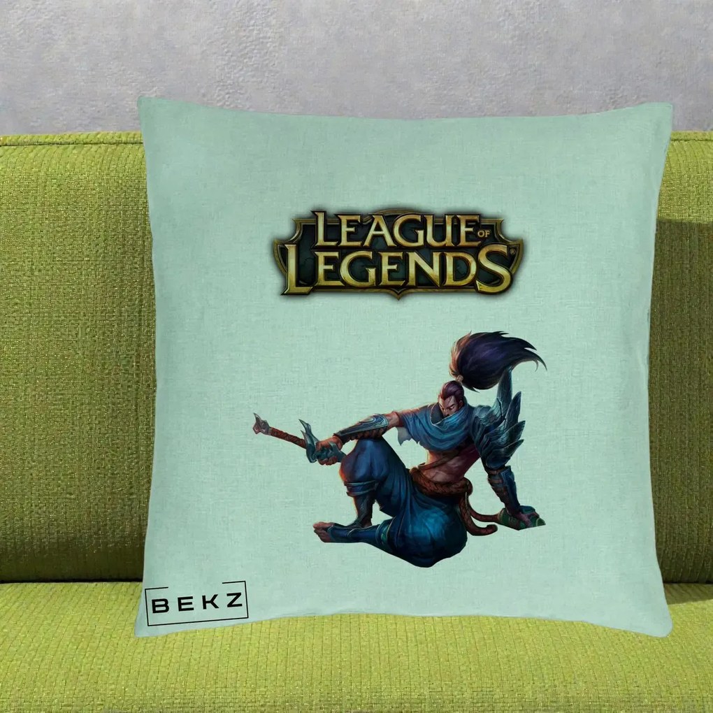 Perna Personalizata League of Legends Yasuo, 40x40 cm, Verde Menta, Husa Detasabila, Perna Inclusa, BEKZ®