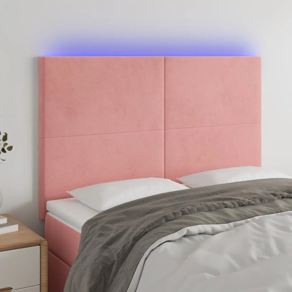vidaXL Tăblie de pat cu LED, roz, 144x5x118/128 cm, catifea