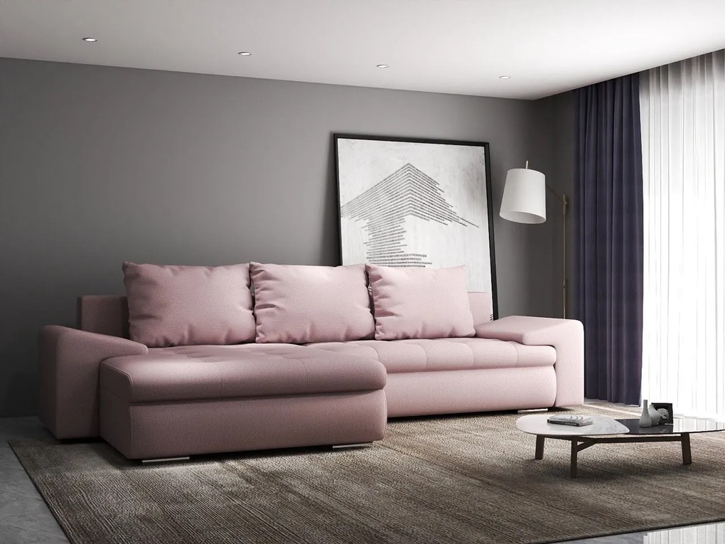 Colțar extensibil dumonde cu ladă de depozitare si sezut confortabil din spuma high-density, Leonardo Enjoy Roz 260x185 cm