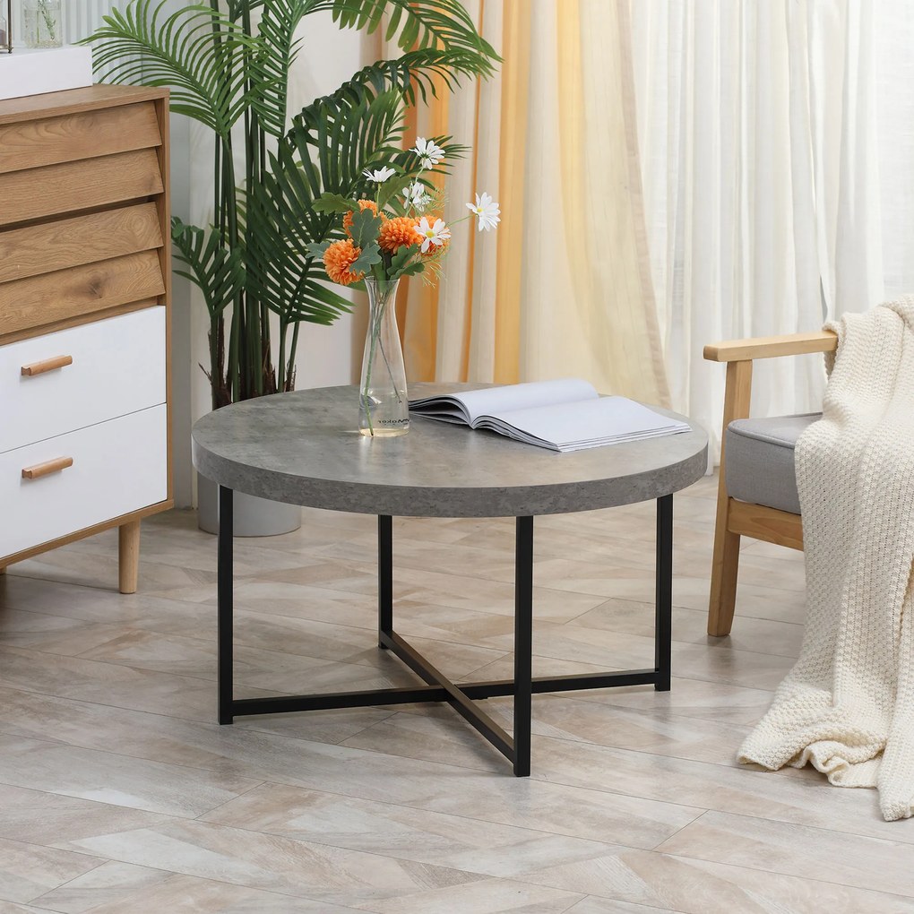 HOMCOM Masă de cafea rotundă cu efect beton ceruit din lemn și metal, Ø 80 x 45 cm, suport încrucișat | Aosom Romania
