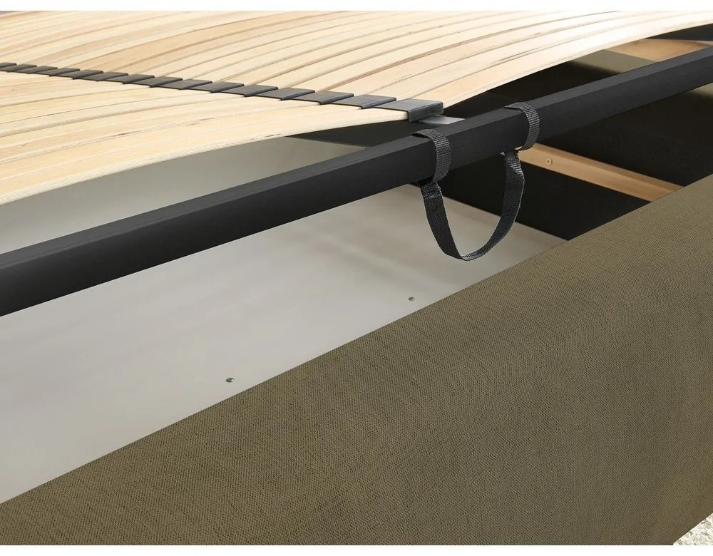 Pat matrimonial verde închis tapițat cu spațiu de depozitare și somieră 160x200 cm Jagna – Bobochic Paris