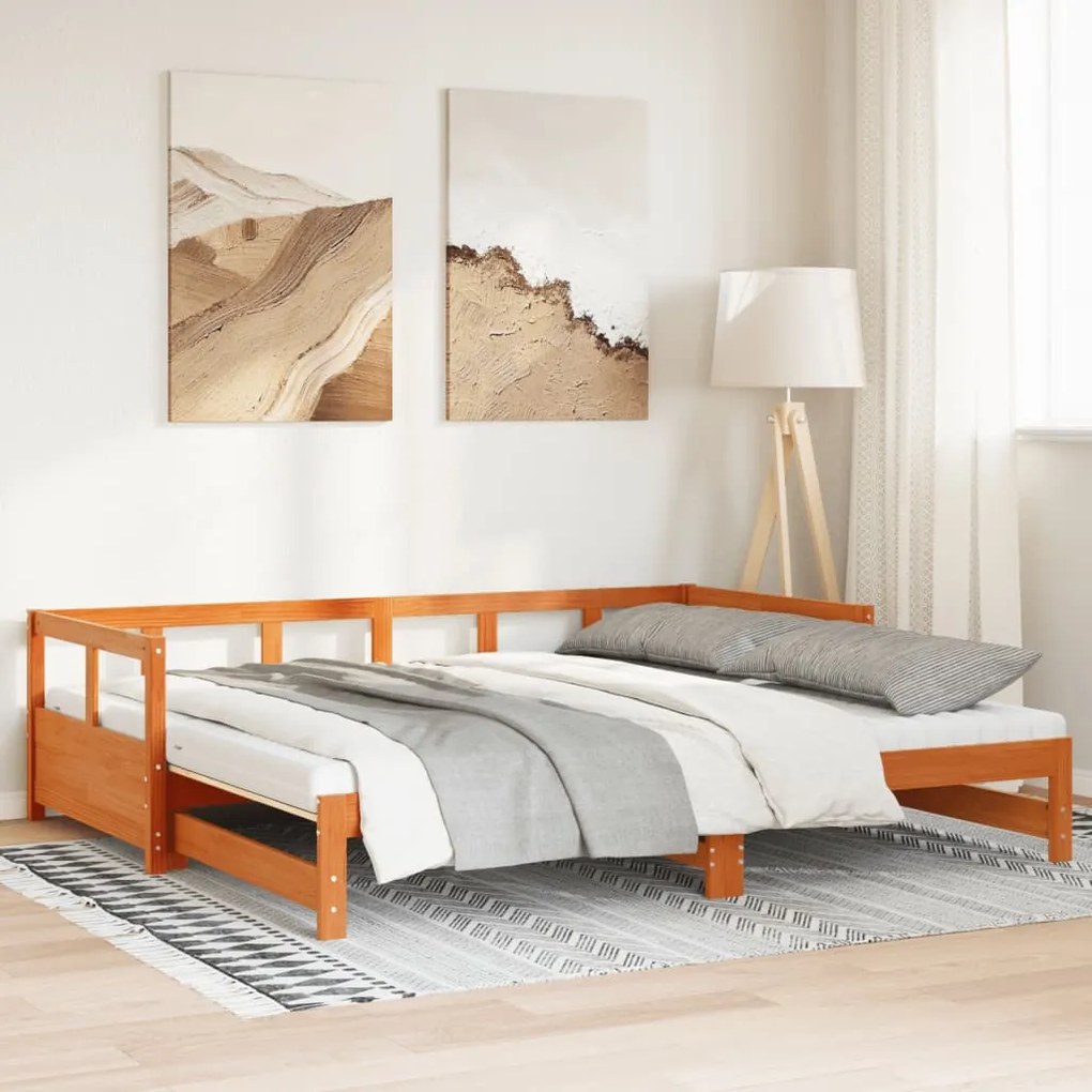 vidaXL Pat zi cu extensie și saltele, maro, 80x200 cm, lemn masiv pin