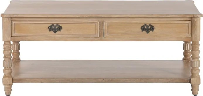 Măsuță de cafea din lemn masiv de mango, finisaj natural maro, 2 sertare și poliță inferioară, 110 x 60 x 45 cm, „Classic"