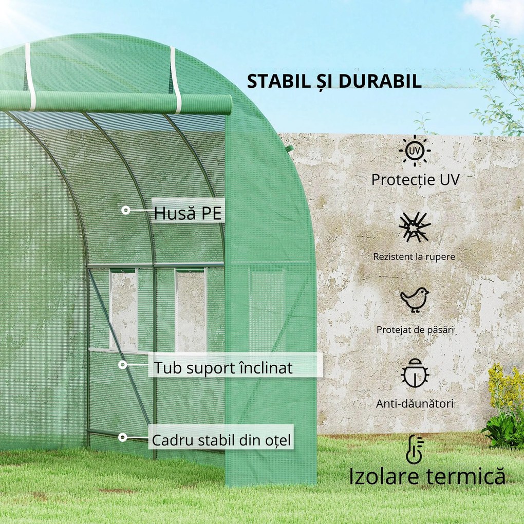 Outsunny Seră de Grădină cu Ferestre, Ușă și Acoperiș Rotunjit din PE și Fier, 3.5x2x2 m, Verde | Aosom Romania