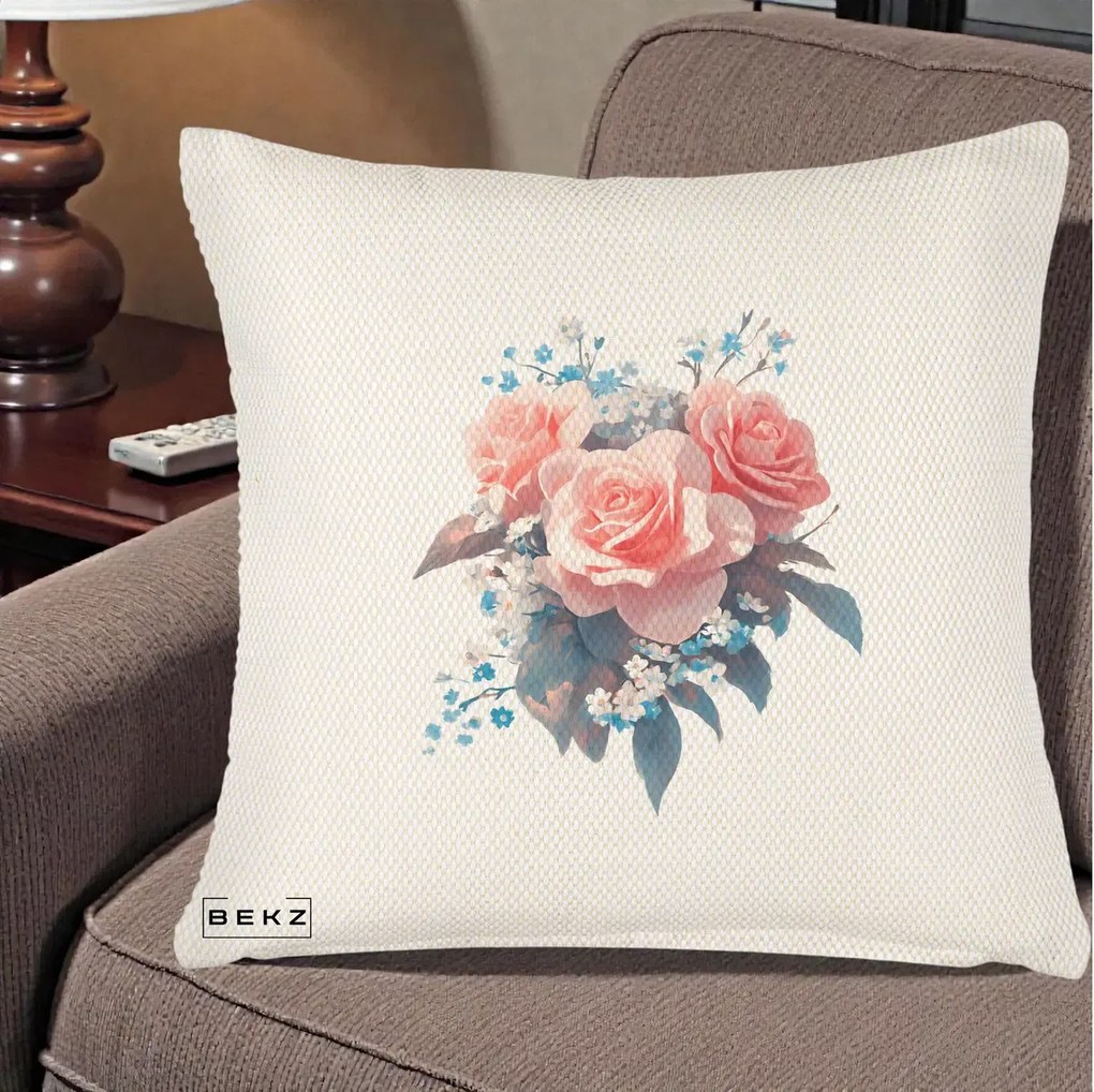Perna Decorativa Trandafiri Roz cu Floricele Albastre, 40x40 cm, Crem Reliefat, Husa Detasabila, Perna Inclusa, BEKZ®
