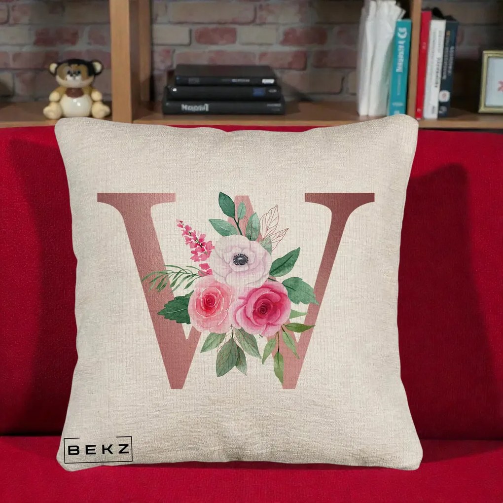 Cadou Personalizat - Perna Personalizata Monograma Rose Gold Litera W cu Trandafiri si Anemona, 40x40 cm, Bej Canapea, Husa Detasabila, Perna Inclusa, BEKZ®