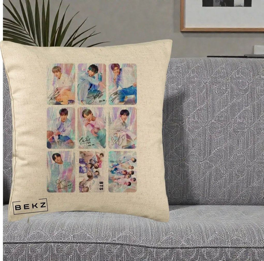 Perna Personalizata K-pop BTS Colaj 9 Fotografii Autografe Individual, 40x40 cm, Bej, Husa Detasabila, Perna Inclusa, BEKZ®