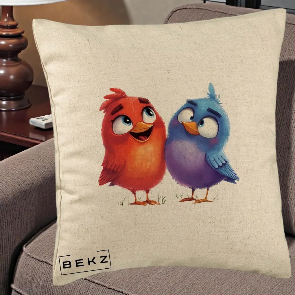 Perna Decorativa Pasarele Vesele Duo, 40x40 cm, Bej, Husa Detasabila, Perna Inclusa, BEKZ®