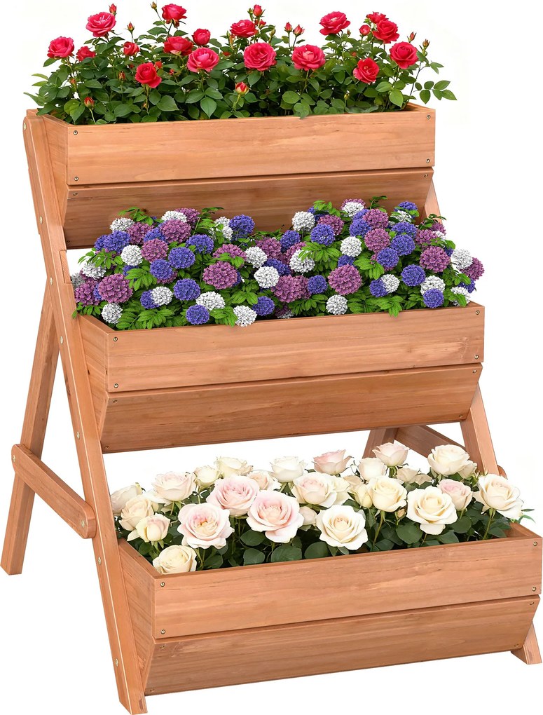 Outsunny Jardiniere verticală cu 3 niveluri din lemn, 3 cutii de plantare cu orificii de scurgere Maro | Aosom Romania