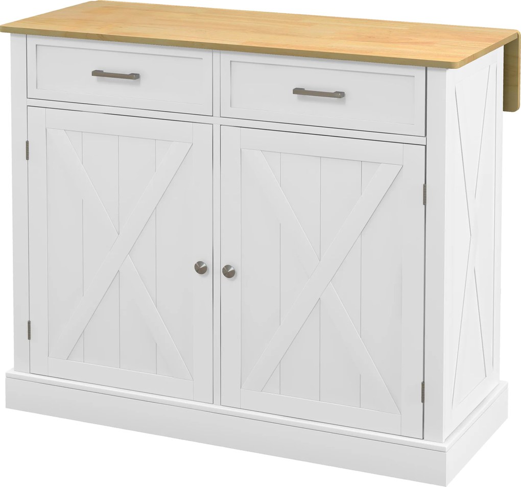 HOMCOM Insulă de bucătărie Cărucior de bucătărie cu blat pliabil din lemn 2 uși 2 sertare raft reglabil și 4 roți 105x60x90,5 cm Alb | Aosom Romania