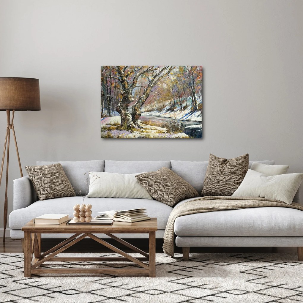 Tablou cu peisaj de iarnă pictat (70x50 cm)