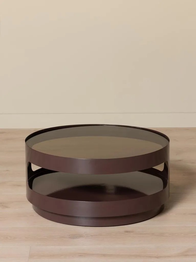 Măsuță de cafea din sticlă și metal, rotundă, cu structură cilindrică și decupaje laterale, maro antichizat, finisaj mat, 70×32 cm, „Onyru"