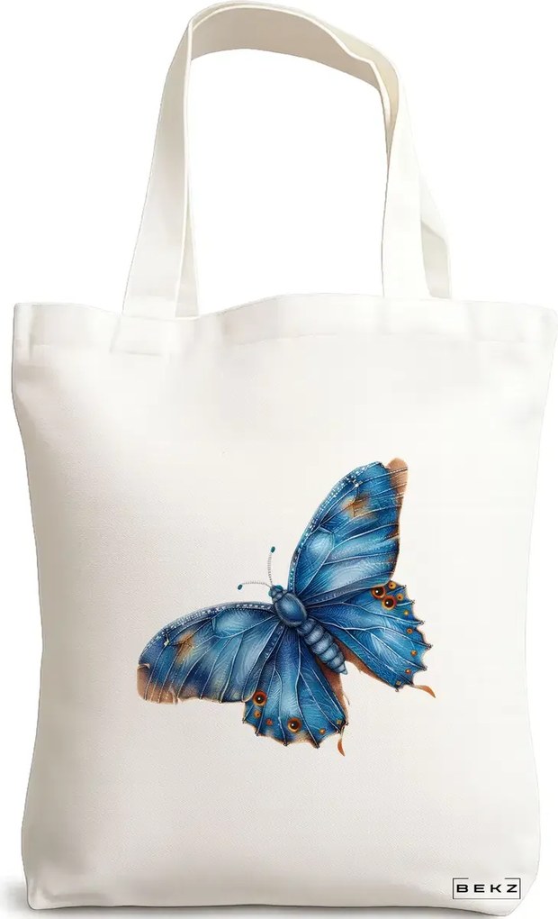 Sacosa de Panza pentru Cumparaturi, Geanta Tote, model Artistic butterflies 3 38 x 34.5 cm, Alba, BEKZ®