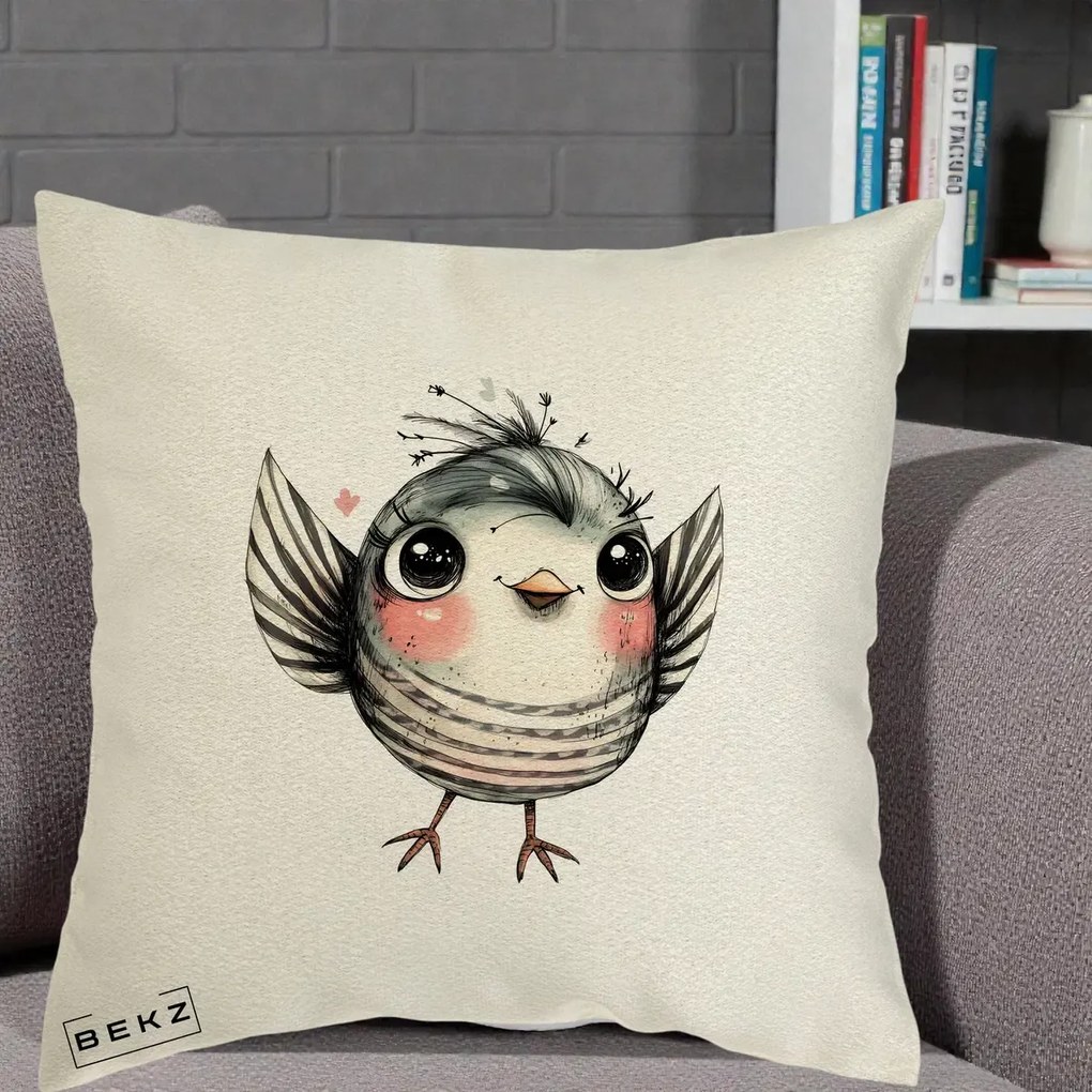 Perna Decorativa Pasare Gri cu Aripi si Inimioare, 40x40 cm, Ecru, Husa Detasabila, Perna Inclusa, BEKZ®