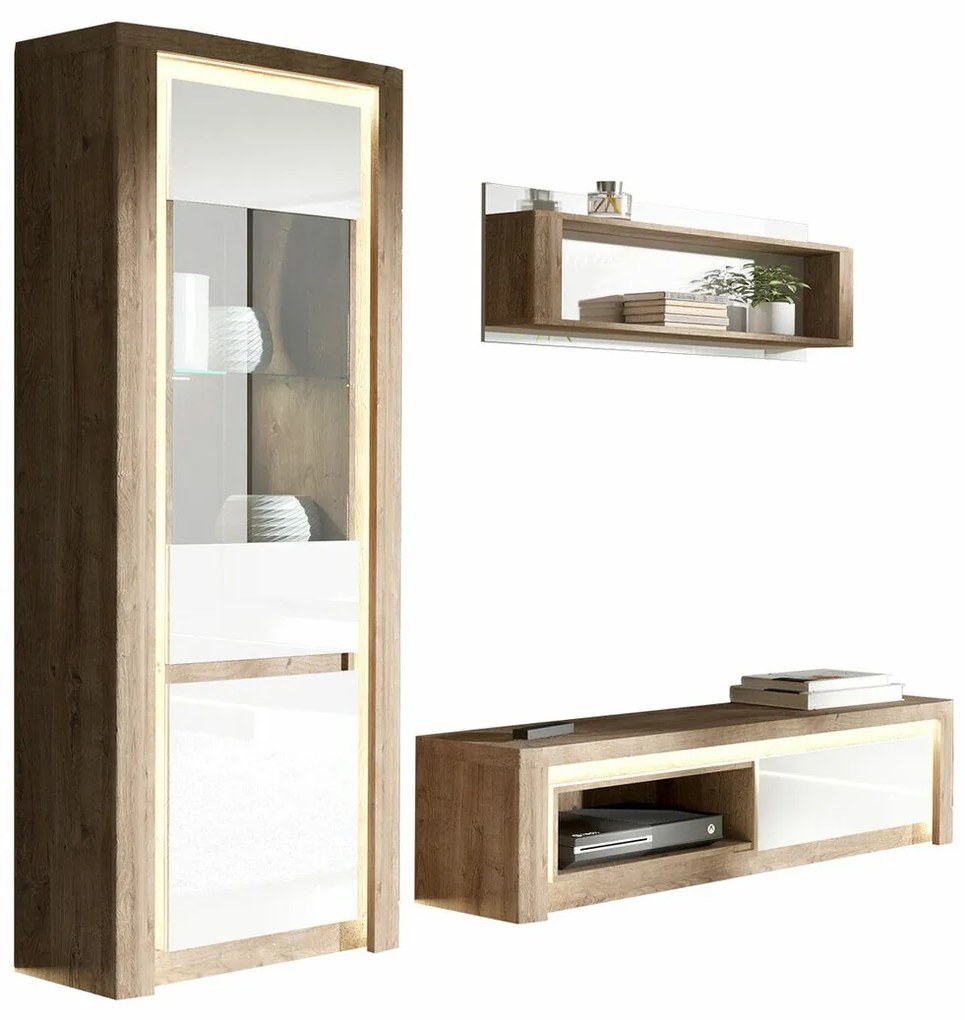 Mobilă pentru sufragerie Stanton G118Alb lucios, Ribbeck stejar, Cu componente suplimentare, Părți separate, Cu comodă tv, Sticlă călită, PAL laminat, 126 kg
