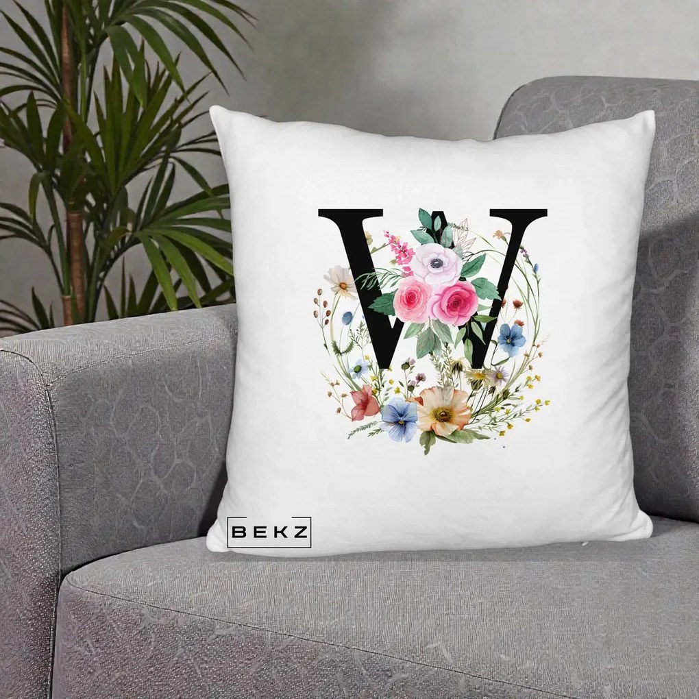 Cadou Personalizat - Perna Personalizata Monograma Florala Litera W, 40x40 cm, Alb Pufos, Husa Detasabila, Perna Inclusa, BEKZ®