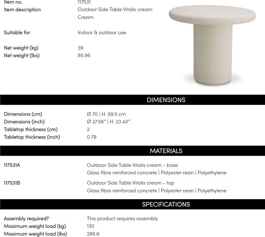 Masuta auxiliara design LUX pentru interior si exterior Vitalis crem