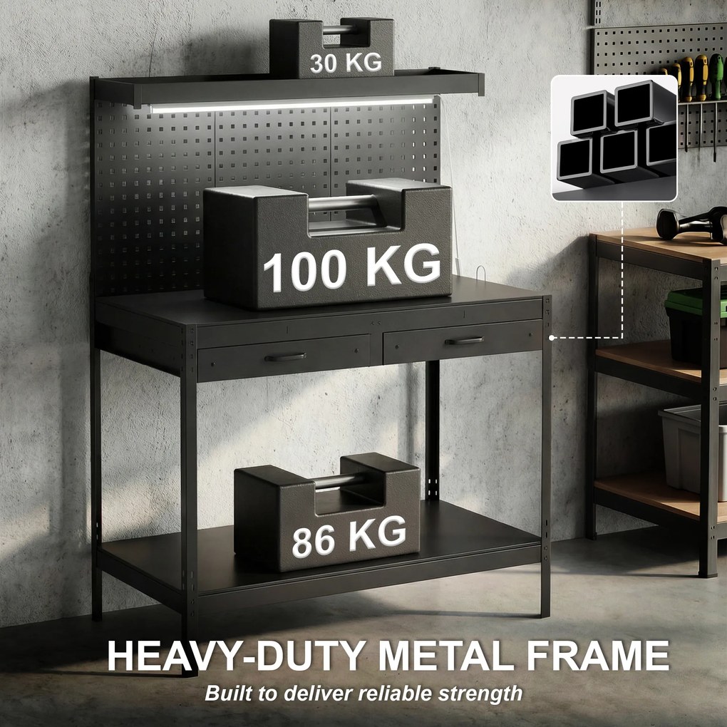 HOMCOM Banc de lucru 110 cm cu panou perforat, banc robust cu șină de prize și iluminare LED, Negru | Aosom Romania