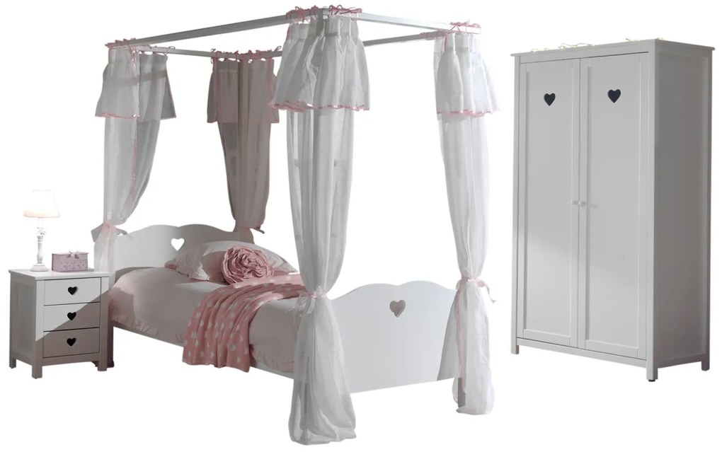 Set AMORI în alb format dintr-un Pat copii cu baldachin (90 x 200 cm) cu setul de textile asortat, o noptieră și un Dulap camera copii cu 2 uși.
