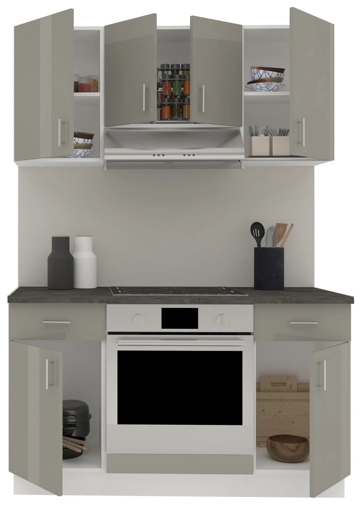 Set Bucatarie Karo V5, Gri Lucios/Alb, MDF, Blat Thermo 28 mm, L 140 cm