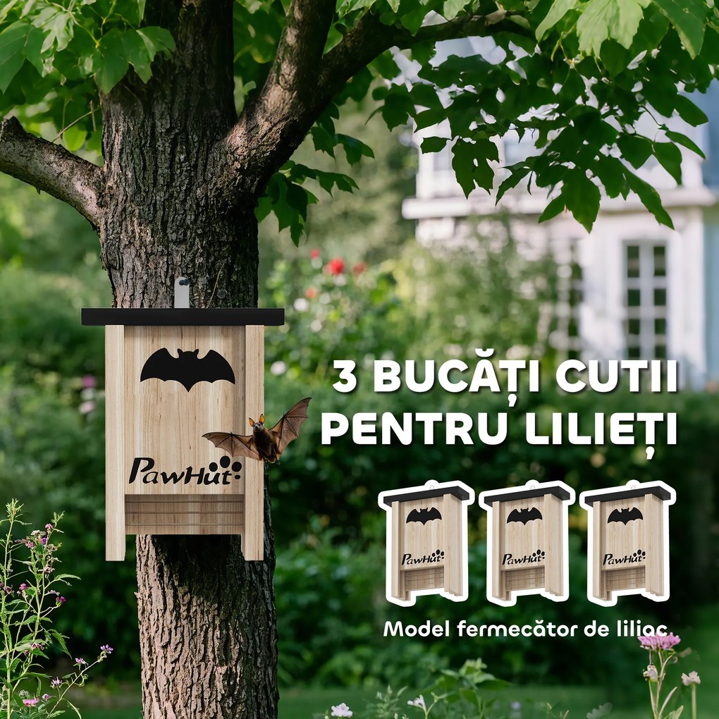PawHut Set de 3 Căsuțe pentru Lilieci din Lemn de Brad, 18x6x22.5 cm, Lemn Natural | Aosom Romania