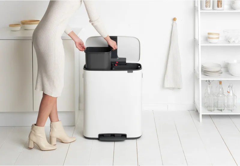 Cos de gunoi Brabantia Bo Pedal 1003188, 2x30 L, Inchidere lina, Baza antiderapanta, Alb