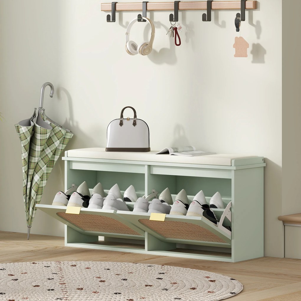 HOMCOM Bancă pentru încălțăminte, banc de depozitare, șezut căptușit, sertare rabatabile, ușă din ratan, 104 x 26 x 47,5 cm, verde | Aosom Romania