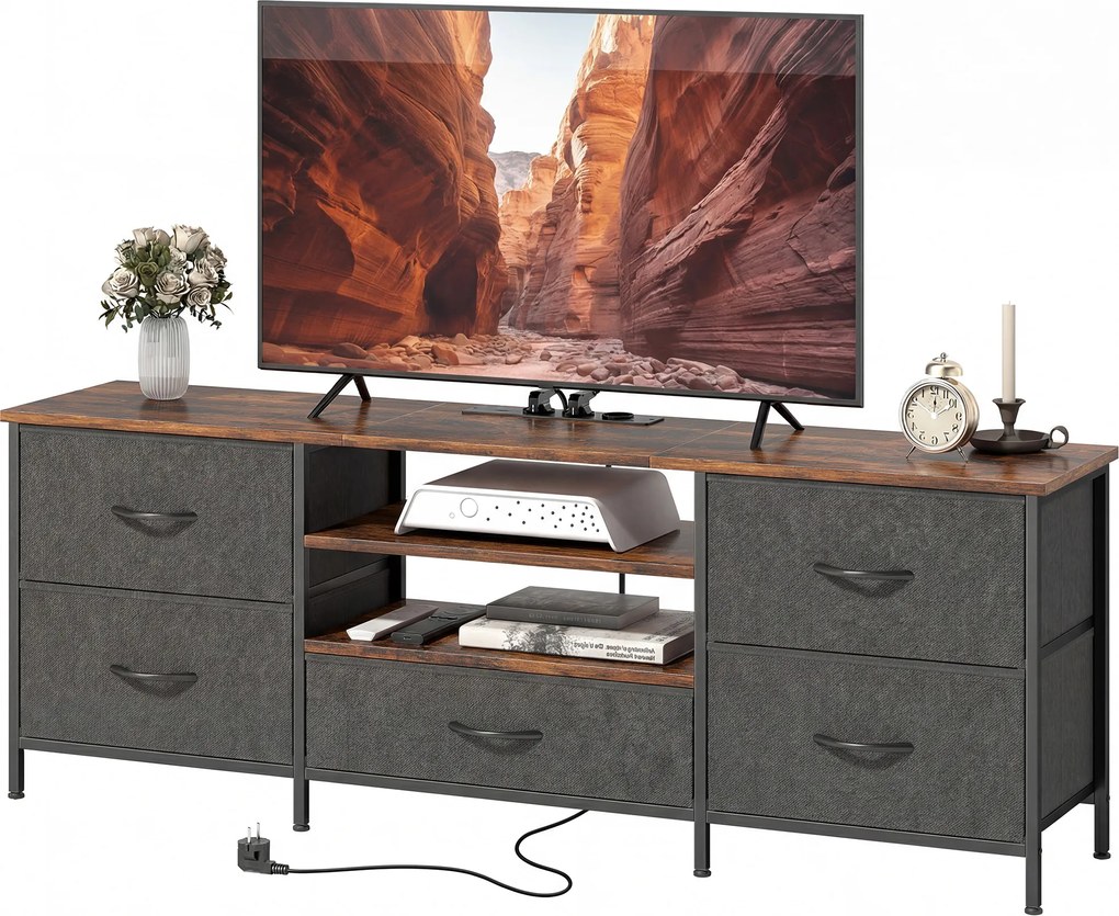 HOMCOM Comodă TV 140 cm, suport TV 165,1 cm, stație de încărcare, 5 sertare din material textil, rafturi deschise, 140x30x50cm, maro | Aosom Romania
