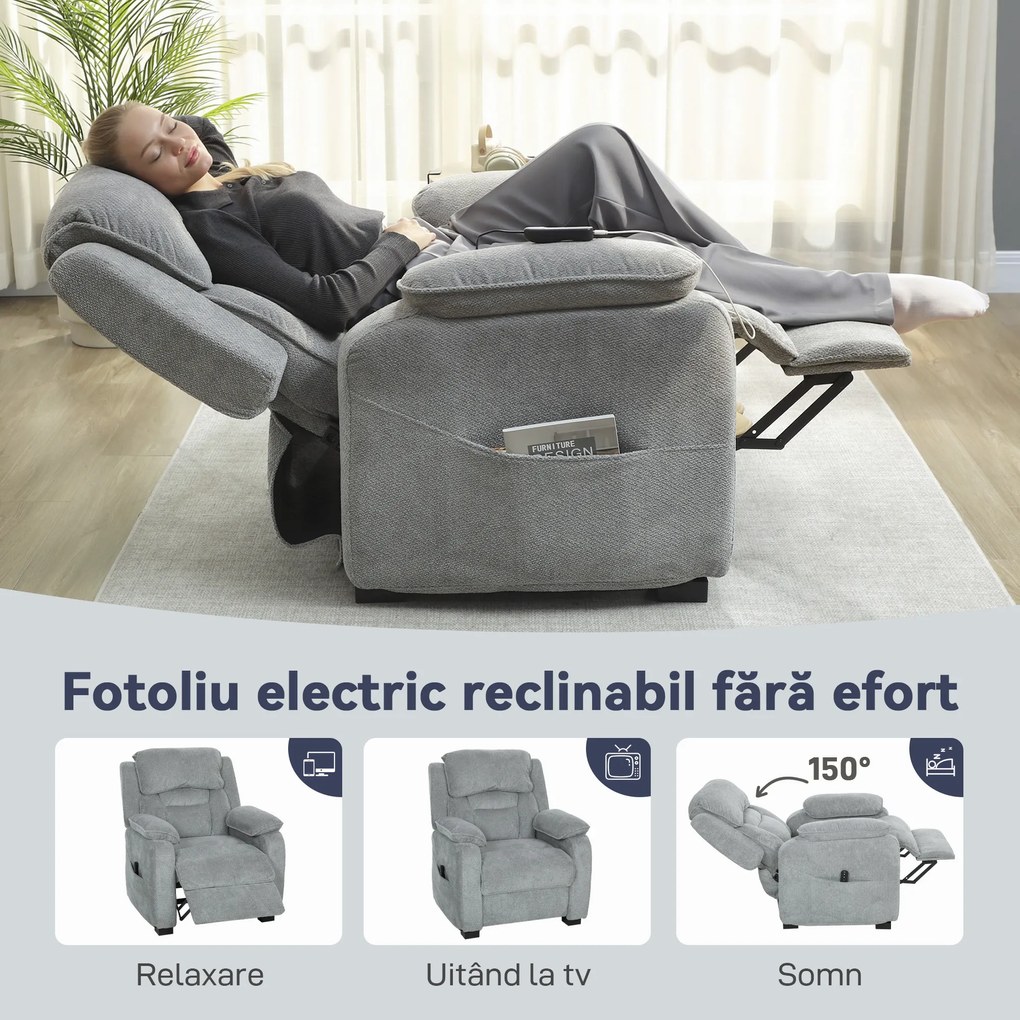 HOMCOM Fotoliu Electric Reclinabil 150° cu Suport pentru Picioare, Port USB, Fotoliu Reclinabil Silențios, Sezut Larg, Telecomandă, Funcție Memorie, din Catifea, pentru Living, Gri | Aosom Romania