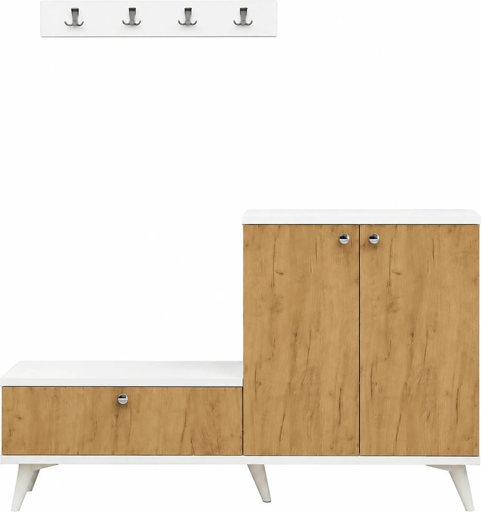 Pantofar si cuier, stejar/alb, PAL melaminat, 120x30x76 cm