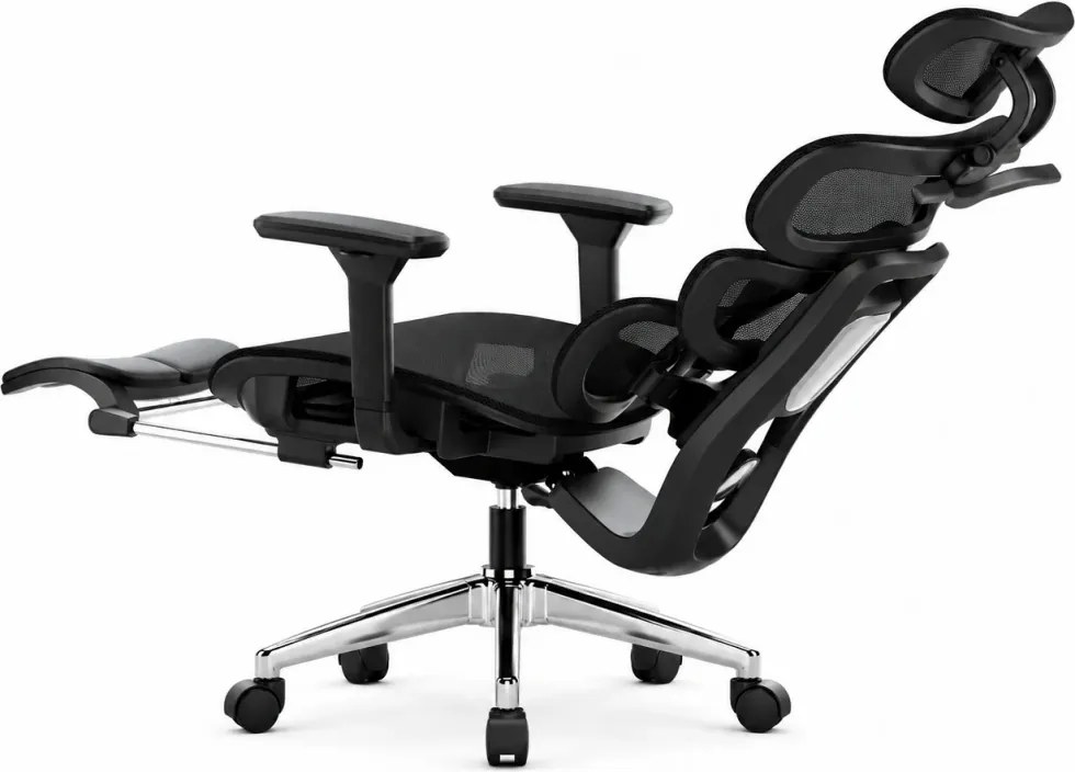 VERTEX PRO – Scaun Ergonomic, Tetieră 4D, Spătar Reglabil pe Înălțime 5 Trepte, Suport Lombar Multipunct, Cotiere 3D, Șezut Mesh Translatabil 5 cm, Recliner 135°, Suport Picioare, Negru