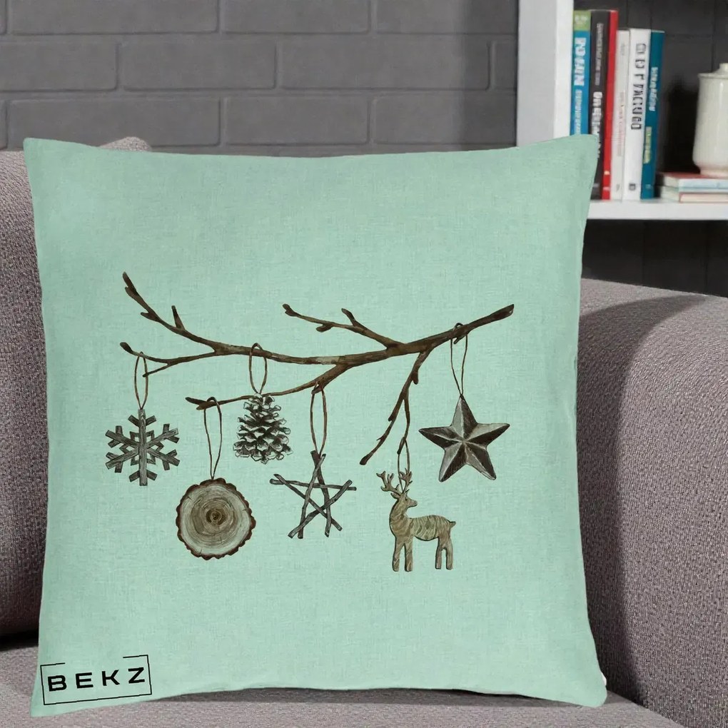 Perna Decorativa Ornamente de Lemn pe Ramura, 40x40 cm, Verde Menta, Husa Detasabila, Perna Inclusa, BEKZ®